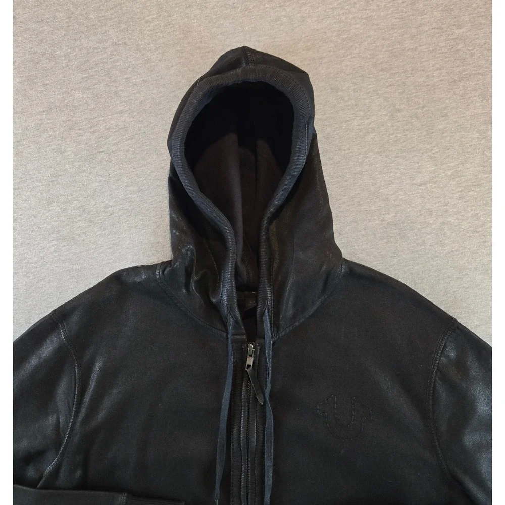 True Religion Hoodie Mens Large Black Coated Waxed Full Zip Horseshoe Logo Moto